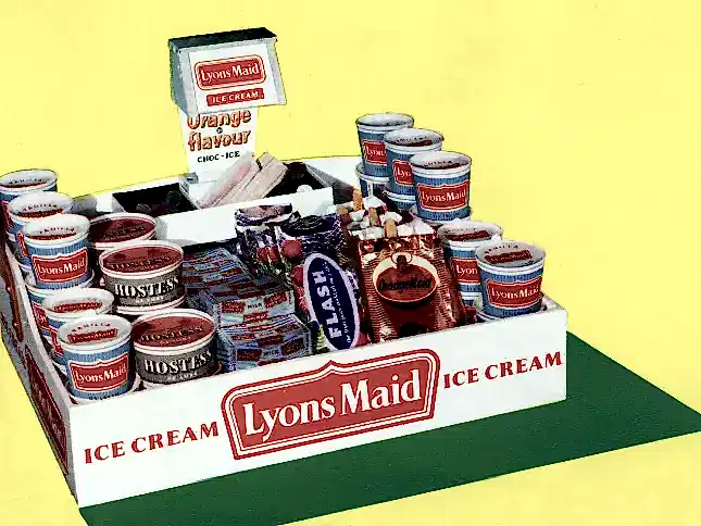 An 'usherette tray' used to sell ice creams in a cinema. It shows the Lyons Maid brand.