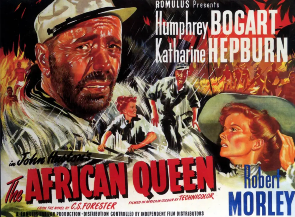 A poster for the film The African Queen (1951) featuring pictures of its stars Humphrey Bogart and Katharine Hepburn.