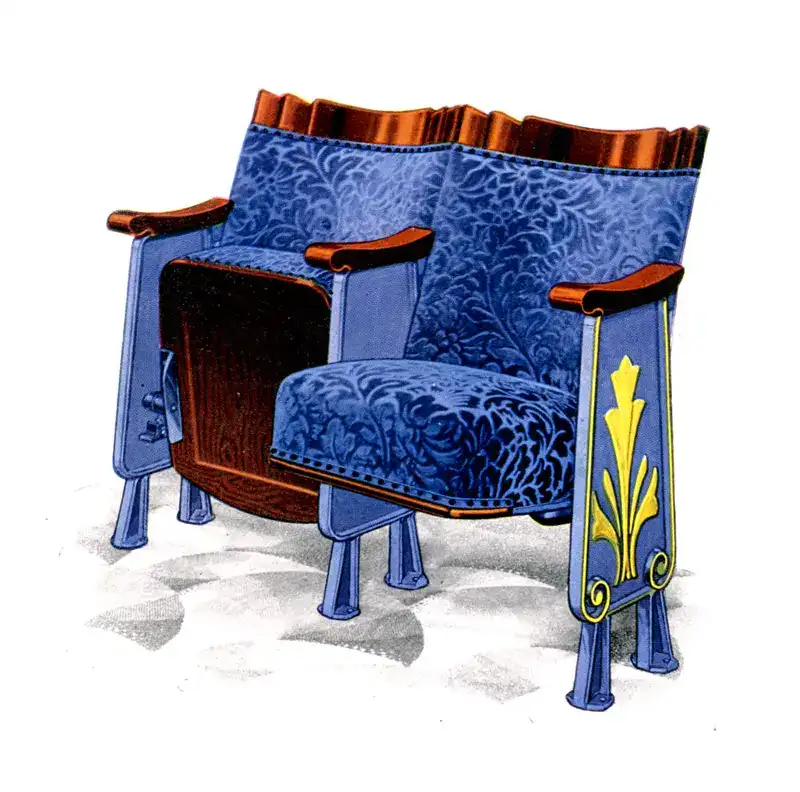 An image from a 1930s catalogue of cinema furnishing, showing a pair of seats (one 'tipped') upholstered in blue.