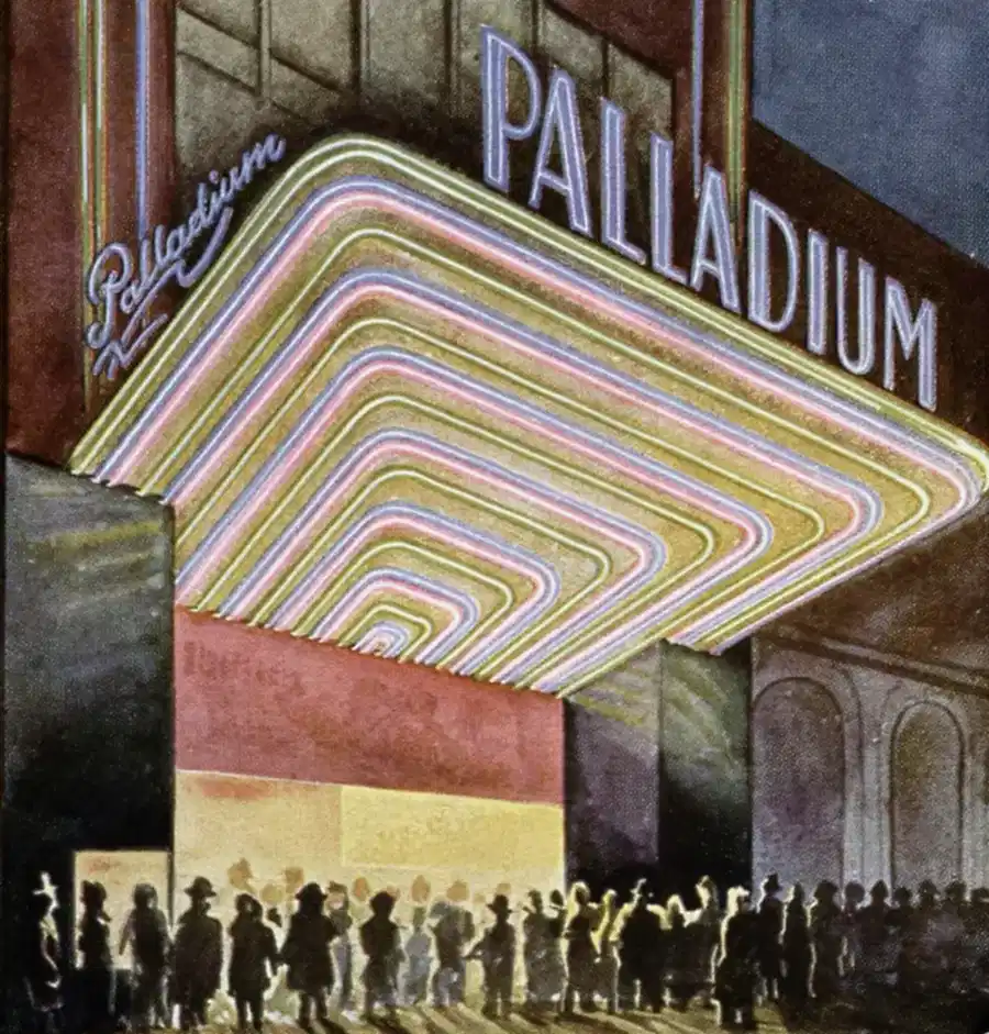 1930s Illustration of a crowd at night outside the entrance to the art deco